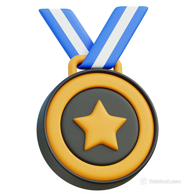 Decorative Medal with Blue White Ribbon and Yellow Star Circular Design 3d model 
