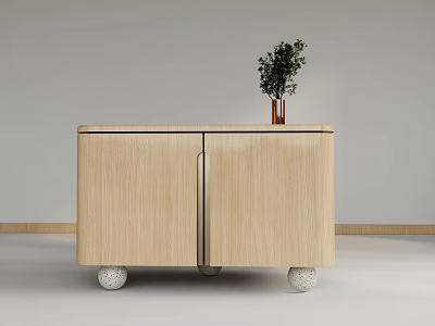 Modern Light Wood Sideboard With Two Doors Decorative Legs And Vase With Green Plant 3d model