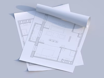 Rolled Architectural Blueprints Featuring Detailed Floor Plans On White Paper Sheets 3d model