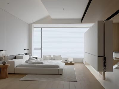 Modern Minimalist Bedroom Interior With White Bed Large Window And Light Wooden Flooring 3d model