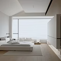 Modern Minimalist Bedroom Interior With White Bed Large Window And Light Wooden Flooring
