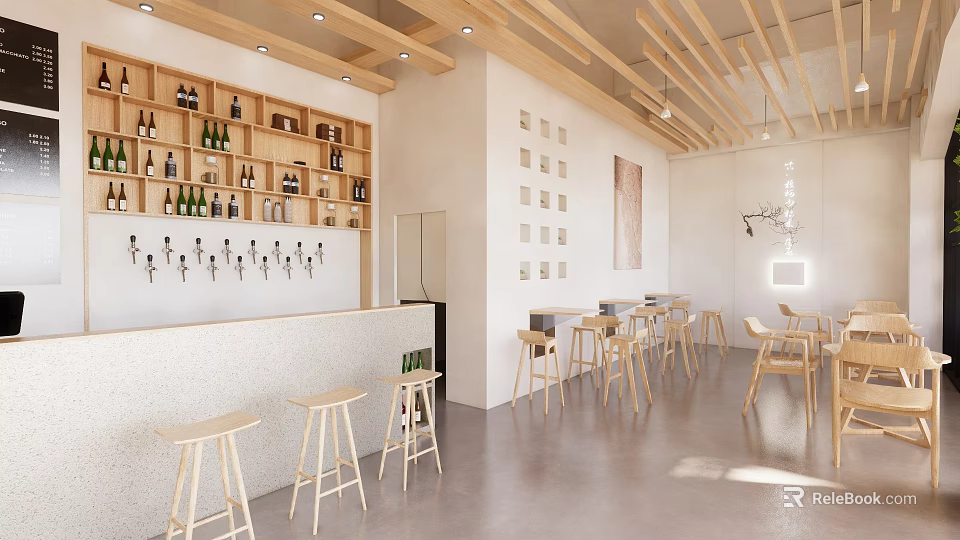 Warm Restaurant Interior With Wooden Wine Racks Wine Bottles Bar Counter Light Wooden Tables Chairs 3d model 