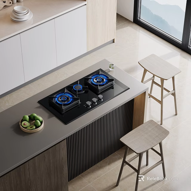 Modern Kitchen Interior Featuring Gas Stove On Island Counter With Wooden Stools And Green Apples 3d model 
