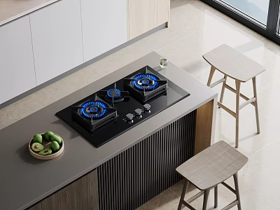 Modern Kitchen Interior Featuring Gas Stove On Island Counter With Wooden Stools And Green Apples 3d model