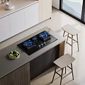 Modern Kitchen Interior Featuring Gas Stove On Island Counter With Wooden Stools And Green Apples