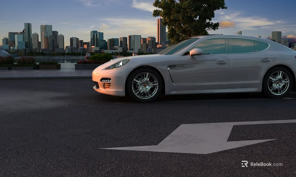 Municipal Road with Parked Silver Porsche Car Urban Skyline Trees and Pavement Arrow 3d model 