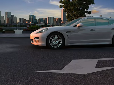 Municipal Road with Parked Silver Porsche Car Urban Skyline Trees and Pavement Arrow 3d model