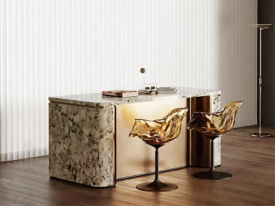 Elegant Bar Counter With Marble Texture Golden Chairs And Modern Interior 3d model