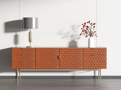 Modern Brown Textured TV Stand With Drawers Cabinet Doors Metal Legs And Vase 3d model