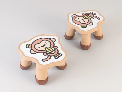 Cute Children Sofa Stools With Cartoon Monkey Design And Brown Wooden Legs 3d model