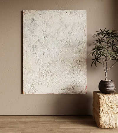 Neutral Wall Decor With Textured White Painting And Potted Plant On Stone Stand 3d model