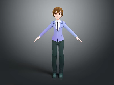 Cartoon Creature Character Wearing Purple Blazer White Shirt and Green Pants Standing with Arms Outstretched 3d model