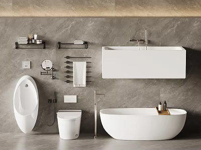 Modern Bathroom Interior Design With White Bathtub Toilet Sink And Marble Walls 3d model
