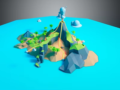 Cartoon Low Poly Island Scene With Volcano Palm Trees Pyramid Clouds And Blue Ocean 3d model