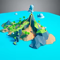 Cartoon Low Poly Island Scene With Volcano Palm Trees Pyramid Clouds And Blue Ocean