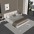 Double Bed with Upholstered Headboard Pillows Blanket Nightstands Bookshelf and Large Windows