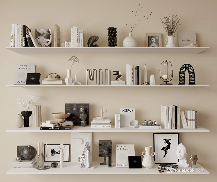 Stylish Decorative Ornament Set On Multiple White Shelves With Books Vases Photo Frames And Sculptures 3d model 