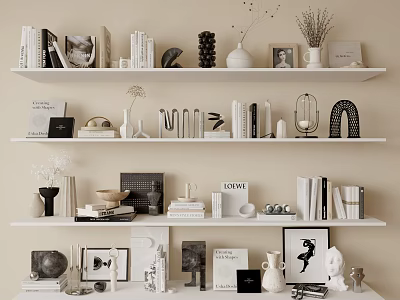 Stylish Decorative Ornament Set On Multiple White Shelves With Books Vases Photo Frames And Sculptures 3d model