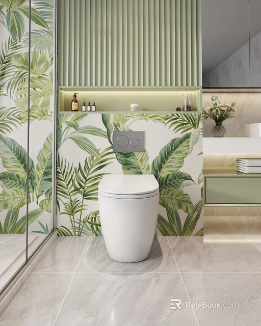 White Toilet in Modern Bathroom with Tropical Leaf Wallpaper and Wall Mounted Control Panel 3d model 