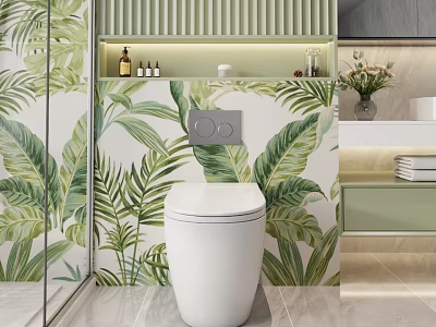 White Toilet in Modern Bathroom with Tropical Leaf Wallpaper and Wall Mounted Control Panel 3d model