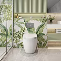 White Toilet in Modern Bathroom with Tropical Leaf Wallpaper and Wall Mounted Control Panel