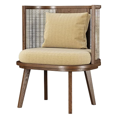 Modern Leisure Accent Chair With Wicker Backrest Beige Cushion And Wooden Legs 3d model