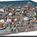 Vibrant Amusement Park With Colorful Buildings Hot Air Balloons And Carousel Rides