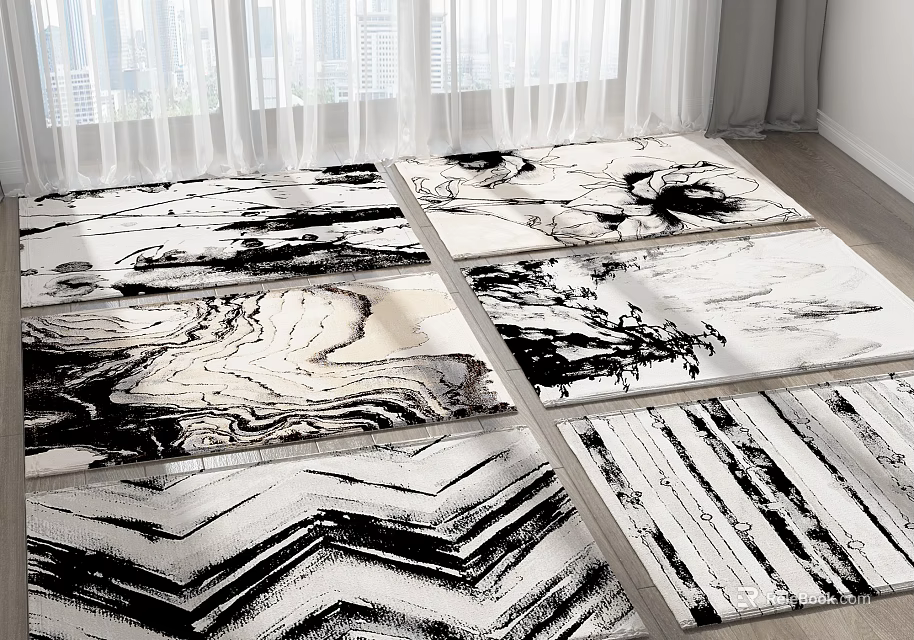 Square Carpets With Black And White Abstract Wave And Striped Patterns For Home Decor 3d model 