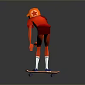 Child In Red Outfit And Orange Hat Riding Skateboard On Gray Background With Reflective Ground