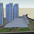 Modern Commercial Complex With High Rise Buildings Unique Low Rise Structures And Green Plaza
