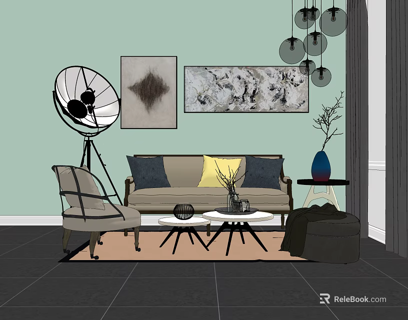 Modern Sofa Coffee Table Set With Wall Art Hanging Lights Accent Chair And Cushions 3d model 