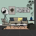 Modern Sofa Coffee Table Set With Wall Art Hanging Lights Accent Chair And Cushions