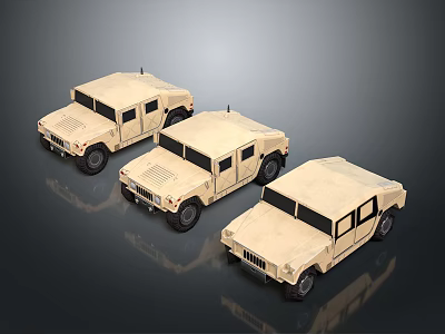 Three Beige Military Vehicle Models Lined Up Side By Side On Gray Background 3d model