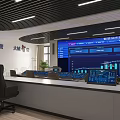 Modern Monitoring Control Room with Multiple Screens Data Displays Control Consoles and Office Chairs