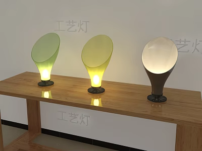 Artistic Craft Table Lamps With Green Yellow White Shades And Black Bases On Wooden Desk 3d model