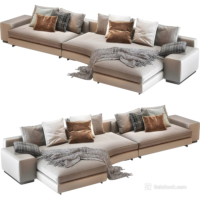 Light Colored Sectional Sofa with Soft Throw Pillows and Knitted Blanket in Modern Style 3d model