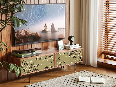 Stylish TV Stand with Green Leaf Patterned Doors TV Wooden Wall Plant and Window Blinds 3d model