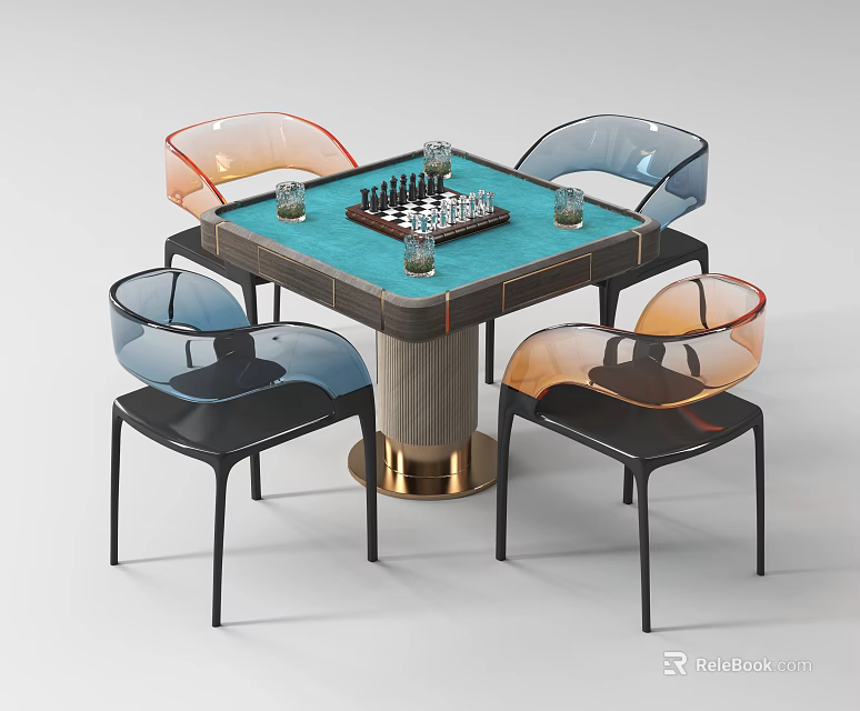 Modern Entertainment Table With Blue Top Chessboard Glass Cups And Transparent Orange Blue Chairs 3d model 