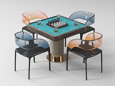 Modern Entertainment Table With Blue Top Chessboard Glass Cups And Transparent Orange Blue Chairs 3d model