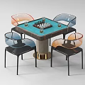 Modern Entertainment Table With Blue Top Chessboard Glass Cups And Transparent Orange Blue Chairs