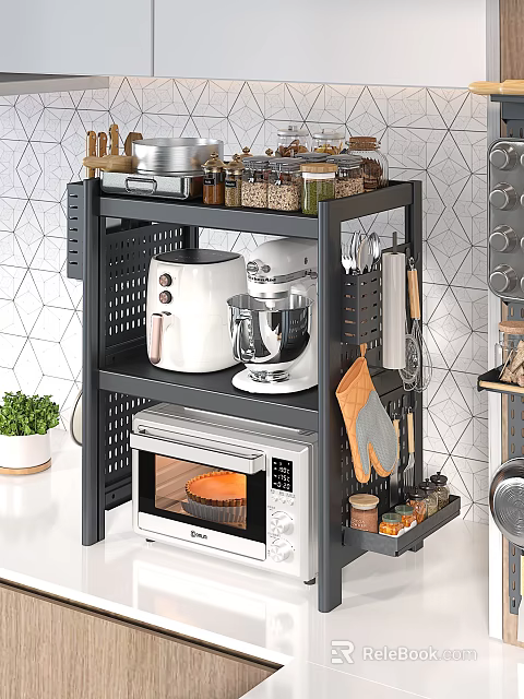 Kitchen Storage Rack With Oven Air Fryer Mixer And Utensils 3d model 