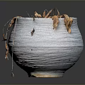 Wilted Plant In White Textured Pot With Dried Leaves Against Gray Background