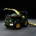 Green Agricultural Harvester With Yellow Cutting Equipment And Extended Mechanical Arm