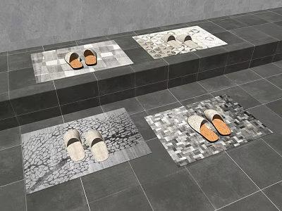 Multiple Pairs Of Comfortable Slippers On Patterned Floor Mats Over Gray Tile Floor 3d model
