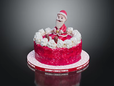 Red Christmas Cake with Santa Claus Decoration White Cream Border and Merry Christmas Base Tray 3d model
