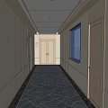 Hotel Corridor With Long Passage Doors On Both Sides Carpeted Floor And Ceiling Lights