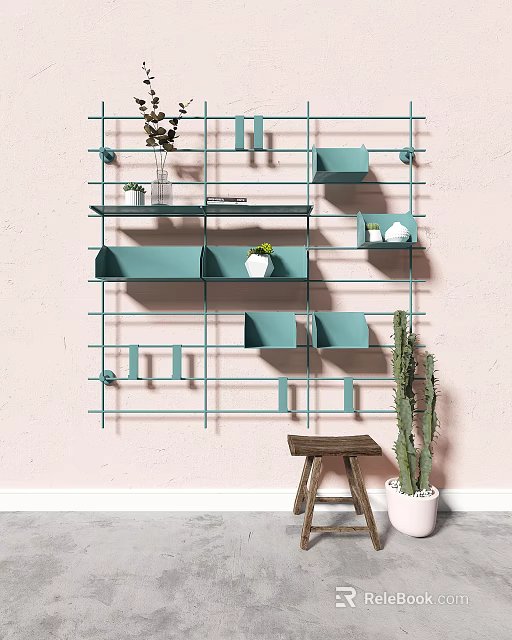 Light Blue Wall Cabinets On Pink Wall With Green Plants And Wooden Stool 3d model 