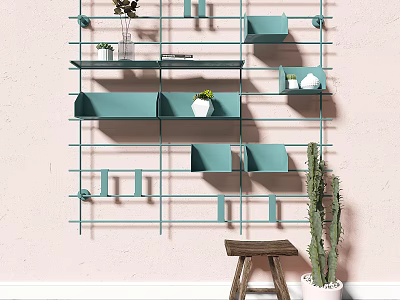 Light Blue Wall Cabinets On Pink Wall With Green Plants And Wooden Stool 3d model