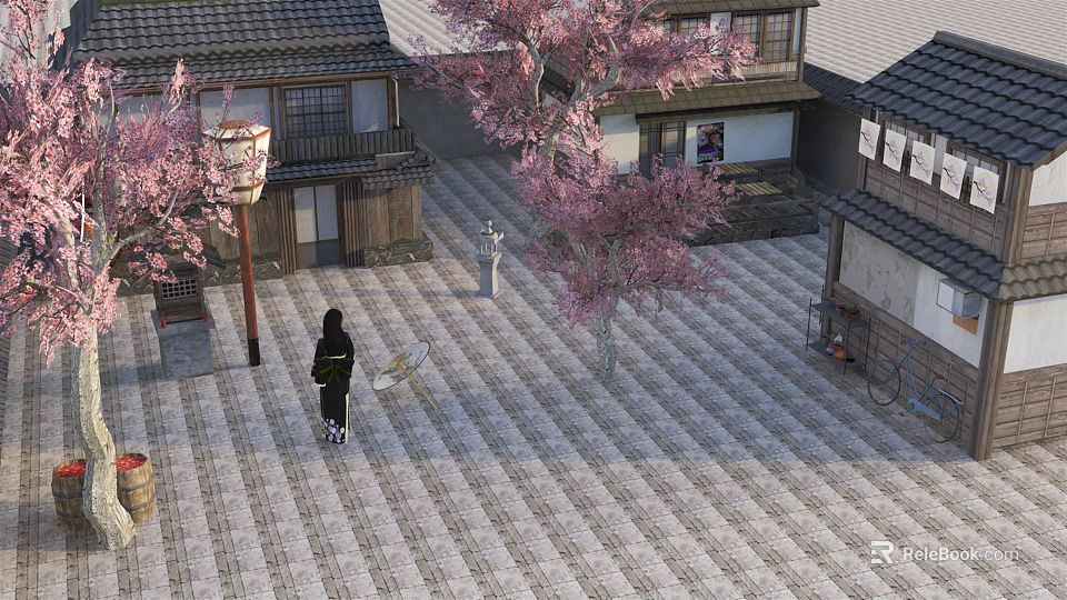 Cartoon Japanese Courtyard With Cherry Blossom Trees Traditional Houses Lanterns Stone Path And Kimono Character 3d model 