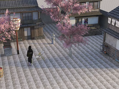 Cartoon Japanese Courtyard With Cherry Blossom Trees Traditional Houses Lanterns Stone Path And Kimono Character 3d model